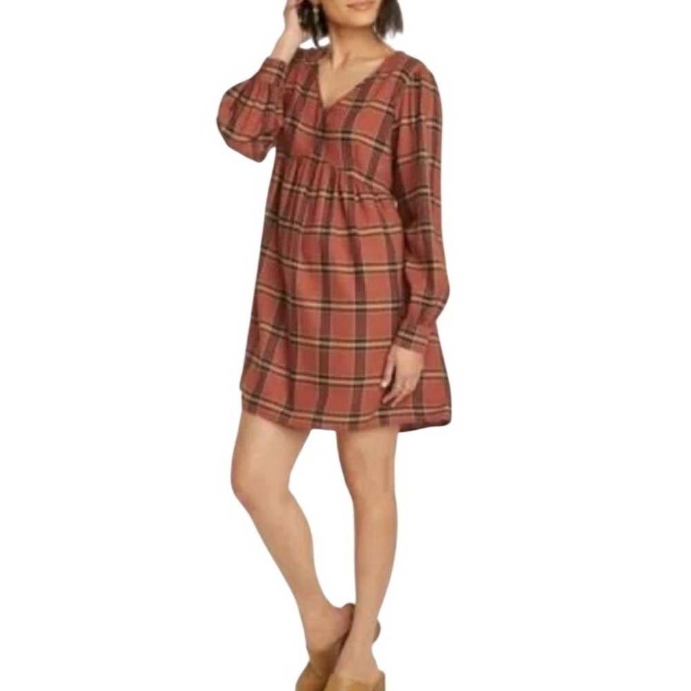 Knox Rose Cottage Orange Plaid Babydoll Peasant Mini Dress Boho Long‎ Sleeve XL